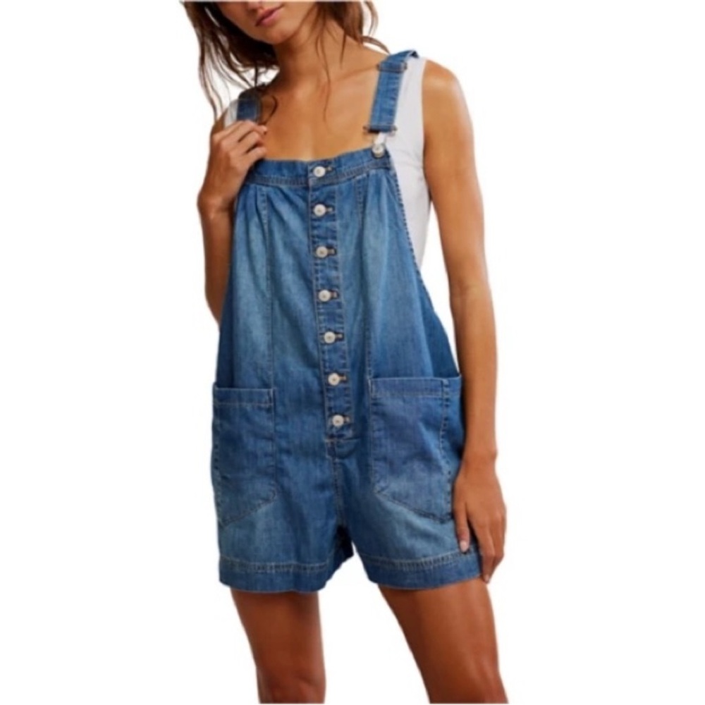 We The Free Denim Button-Front Short Overalls - Blue
